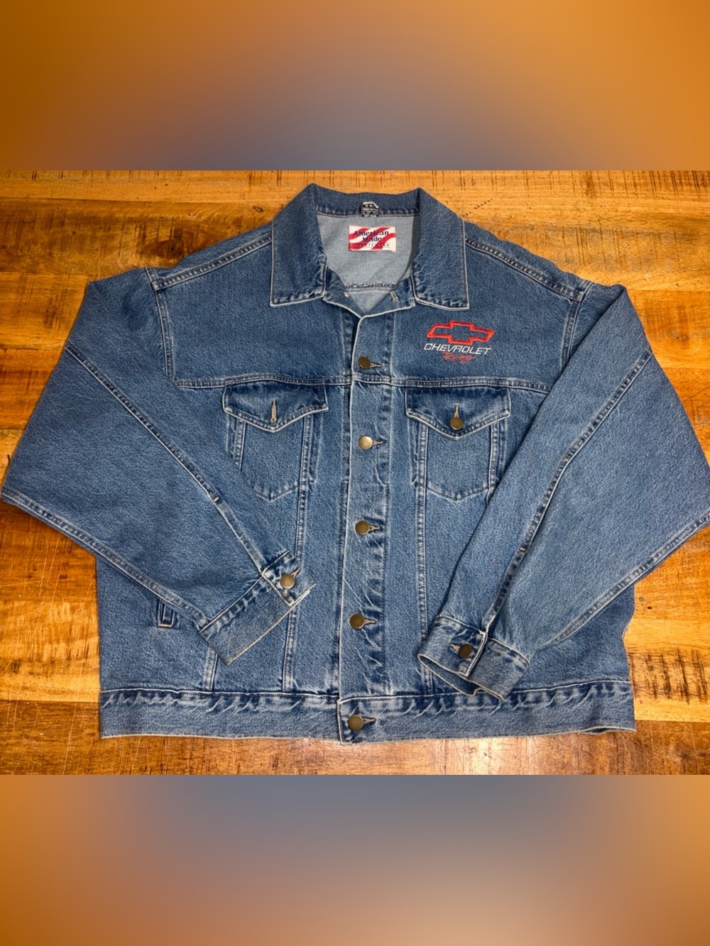 VTG American Made Sportswear Embroidered Chevrolet Racing Denim Jean Jacket XL